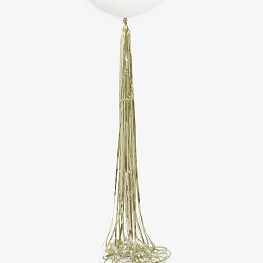 Gold 6-foot balloon tassel with long metallic strands hanging below a white balloon on a light background.