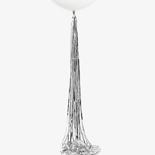 Silver 6-foot balloon tassel with long metallic strands hanging below a white balloon on a light background.