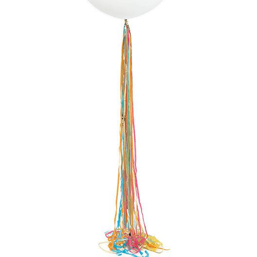 Multicolored and gold 6-foot tissue paper balloon tassel with long bright strands hanging below a white balloon on a light background.