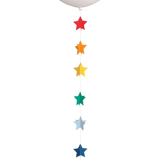 Rainbow 6-foot 3D paper star balloon string with colorful stars hanging vertically below a white balloon on a light background.