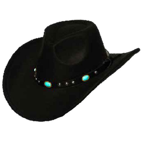 A black Cowboy Hat With Turquoise Gem Band.