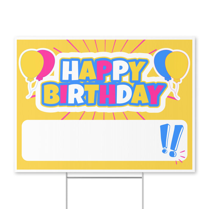 A 24 inch by 18 inch Happy Birthday Yellow Shine Yard Sign.