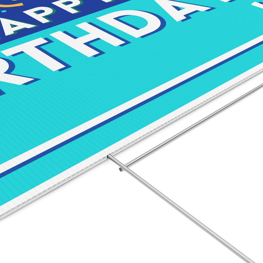 A Happy Birthday Blue Confetti Yard Sign showing texture and detail of the sign medium.