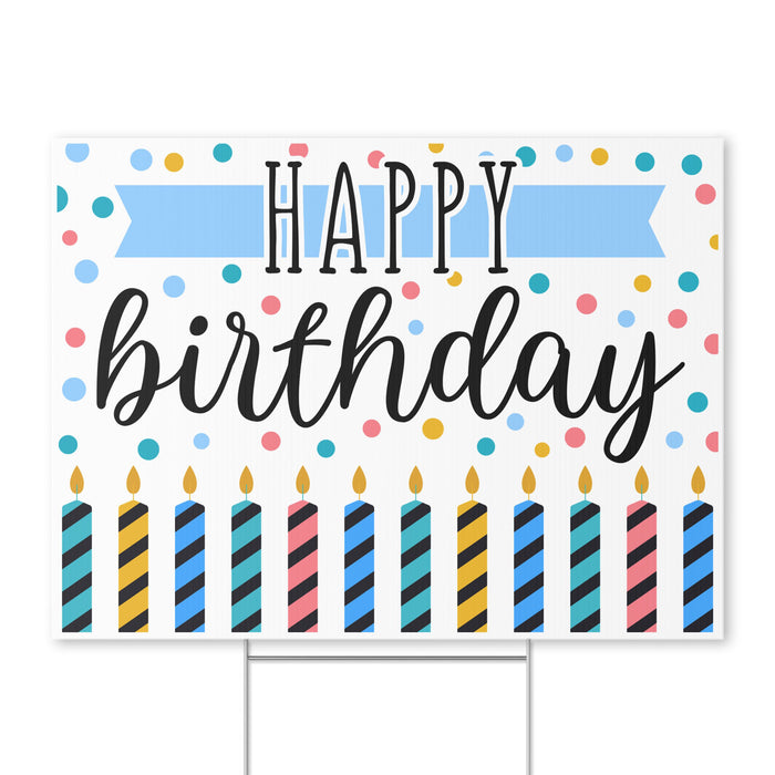 A 24 inch by 18 inch  Happy Birthday Dots Yard Sign with included H stake  installed.