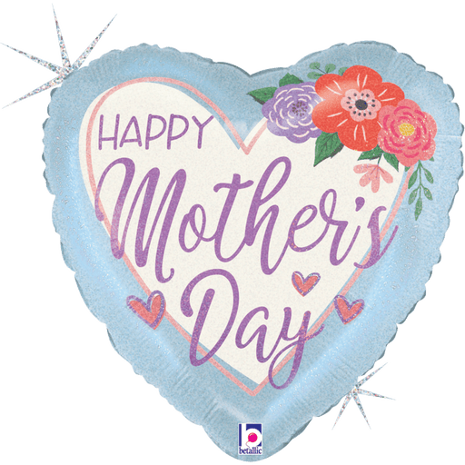 Blue heart-shaped foil balloon with "Happy Mother's Day" in purple script, decorated with red, pink, and purple flowers, small hearts, and silver sparkle accents.