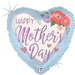 Blue heart-shaped foil balloon with "Happy Mother's Day" in purple script, decorated with red, pink, and purple flowers, small hearts, and silver sparkle accents.