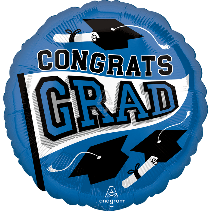Blue round foil balloon with black graduation caps, diplomas, and "Congrats Grad" text in blue and black lettering.