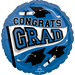 Blue round foil balloon with black graduation caps, diplomas, and "Congrats Grad" text in blue and black lettering.