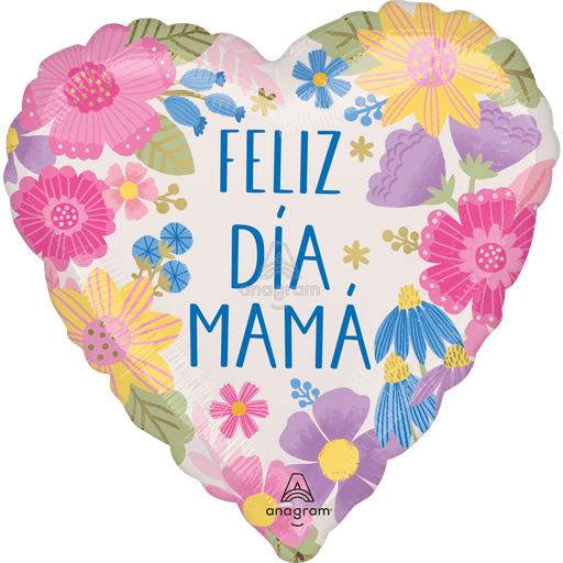 Heart-shaped foil balloon with colorful illustrated flowers in pink, yellow, blue, and purple surrounding blue text reading "Feliz Día Mamá" on a white background.