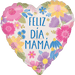 Heart-shaped foil balloon with colorful illustrated flowers in pink, yellow, blue, and purple surrounding blue text reading "Feliz Día Mamá" on a white background.