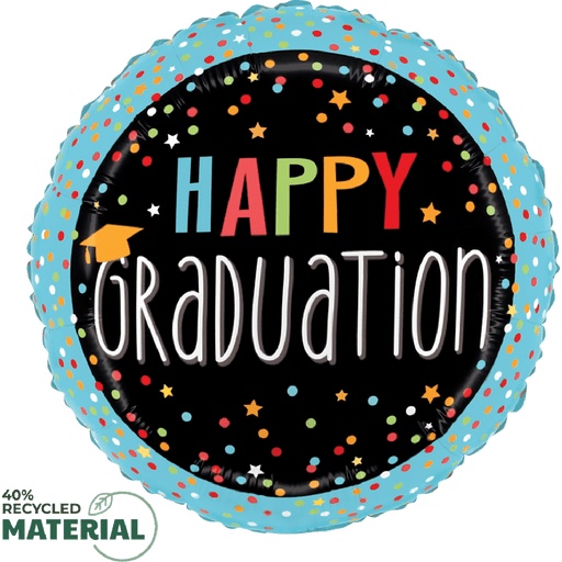 Round turquoise mylar balloon with black center displaying colorful "Happy Graduation" text, stars, and confetti design, made with 40% recycled material.