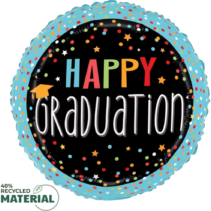 Round turquoise mylar balloon with black center displaying colorful "Happy Graduation" text, stars, and confetti design, made with 40% recycled material.