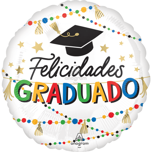White round foil balloon with black graduation cap, gold stars, colorful beaded garland border, and "Felicidades Graduado" text in multicolored letters.
