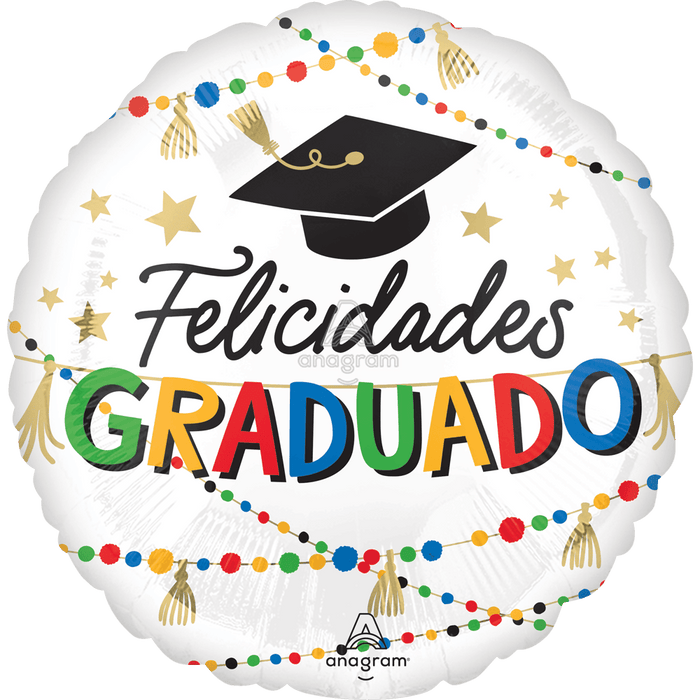White round foil balloon with black graduation cap, gold stars, colorful beaded garland border, and "Felicidades Graduado" text in multicolored letters.