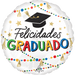 White round foil balloon with black graduation cap, gold stars, colorful beaded garland border, and "Felicidades Graduado" text in multicolored letters.
