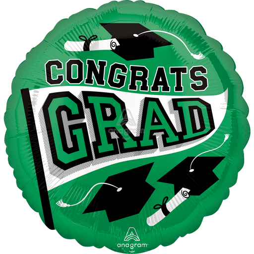 Green round foil balloon with "CONGRATS GRAD" text in large black and green letters, decorated with black graduation caps and white diploma scrolls.