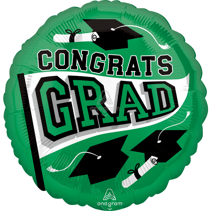 Green round foil balloon with "CONGRATS GRAD" text in large black and green letters, decorated with black graduation caps and white diploma scrolls.
