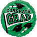 Green round foil balloon with "CONGRATS GRAD" text in large black and green letters, decorated with black graduation caps and white diploma scrolls.