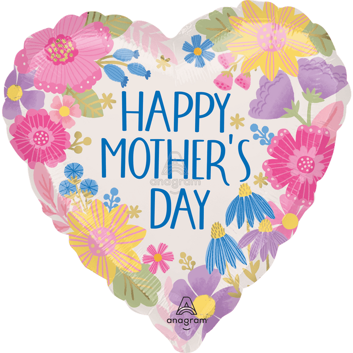 Heart-shaped foil balloon with colorful illustrated flowers in pink, yellow, blue, and purple surrounding blue text reading "Happy Mother's Day.