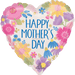 Heart-shaped foil balloon with colorful illustrated flowers in pink, yellow, blue, and purple surrounding blue text reading "Happy Mother's Day.