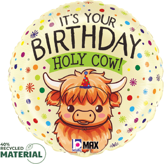 Cream-colored round foil balloon featuring a smiling orange Highland cow wearing a colorful party hat, with "It's Your Birthday Holy Cow!" text and colorful confetti dots throughout.