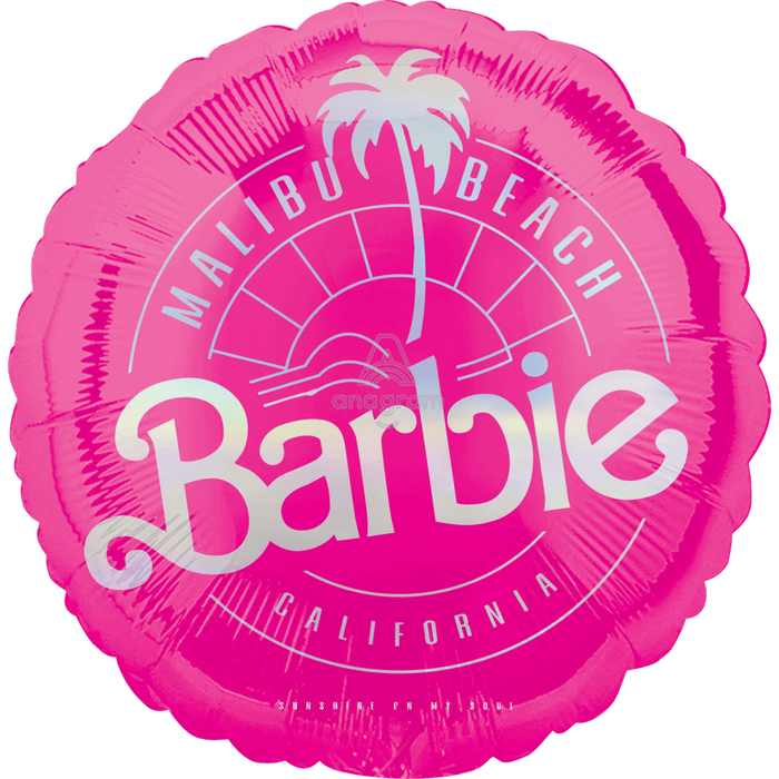 Bright pink mylar balloon with scalloped edges featuring "Barbie" in large white letters, a palm tree illustration, and text reading "Malibu Beach" and "California" in silver lettering.