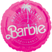 Bright pink mylar balloon with scalloped edges featuring "Barbie" in large white letters, a palm tree illustration, and text reading "Malibu Beach" and "California" in silver lettering.