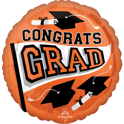 Orange round foil balloon with "CONGRATS GRAD" text in orange and black, decorated with black graduation caps and diplomas with white scrolls.