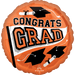 Orange round foil balloon with "CONGRATS GRAD" text in orange and black, decorated with black graduation caps and diplomas with white scrolls.