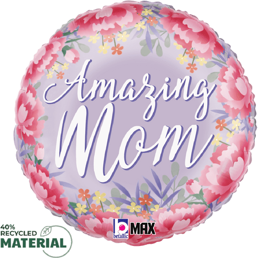 Round lavender balloon with pink floral border, yellow and orange small flowers, and white script text reading "Amazing Mom" in the center.