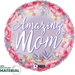 Round lavender balloon with pink floral border, yellow and orange small flowers, and white script text reading "Amazing Mom" in the center.