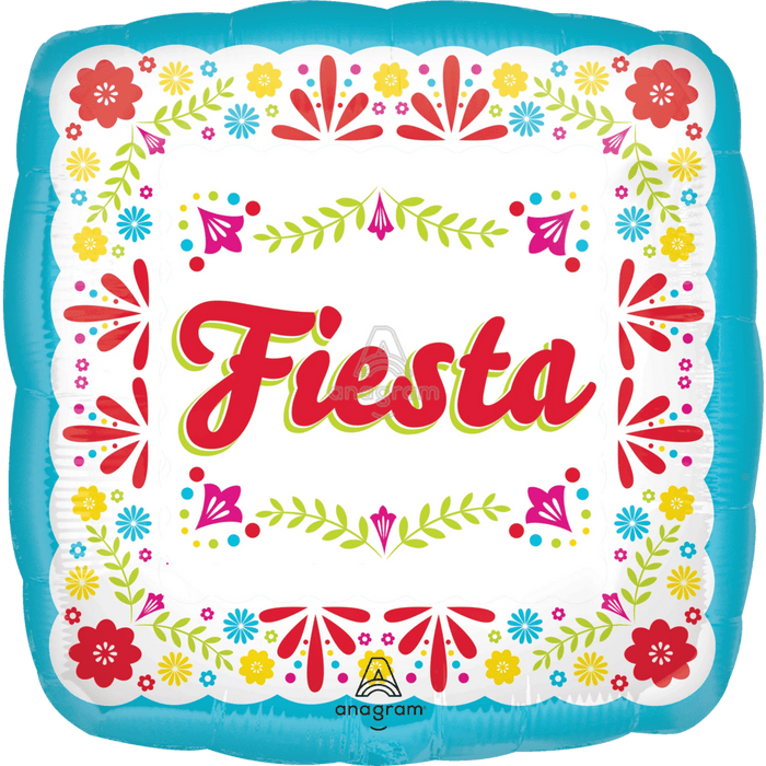 Turquoise square mylar balloon with white center featuring red "Fiesta" text surrounded by colorful floral and decorative elements including red flowers, yellow blooms, pink fan shapes, and green leaf designs.