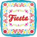 Turquoise square mylar balloon with white center featuring red "Fiesta" text surrounded by colorful floral and decorative elements including red flowers, yellow blooms, pink fan shapes, and green leaf designs.