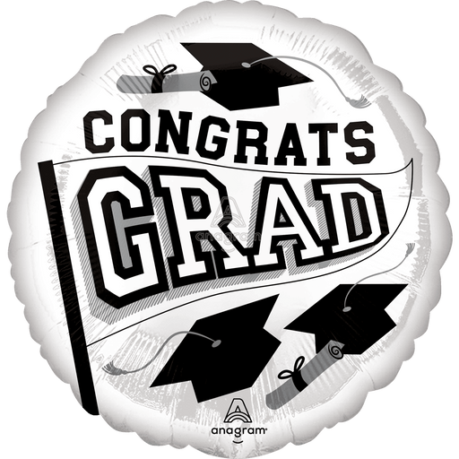 White round foil balloon with black text reading "CONGRATS GRAD" surrounded by graduation cap illustrations and diplomas.