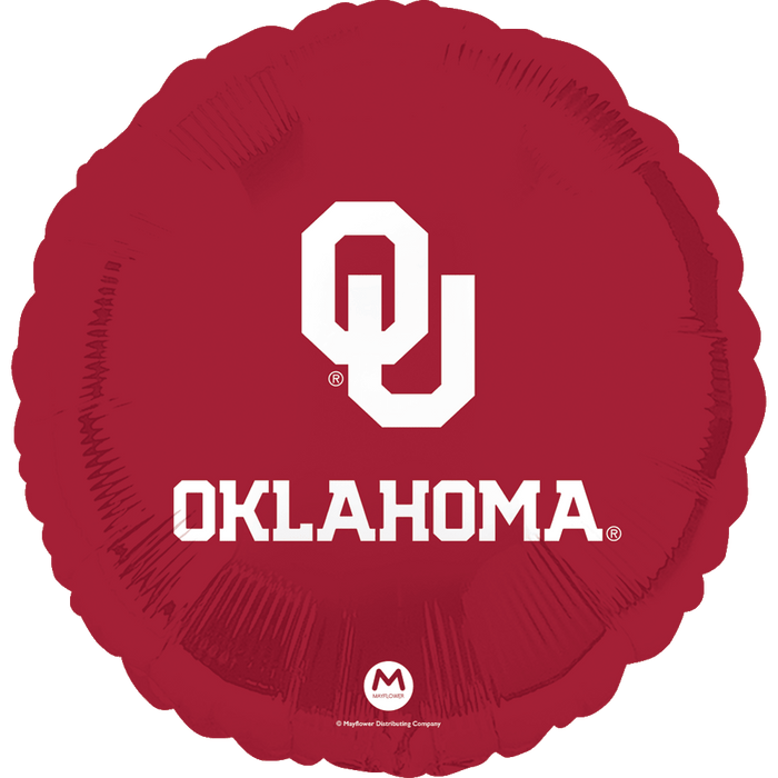 Crimson red round mylar balloon featuring the white Oklahoma University logo and text on the front.