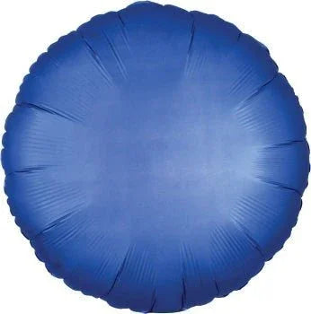 Rich blue satin-finish round foil balloon with radial ribbed texture and darker shading at the edges.