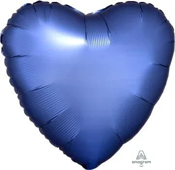 Deep blue satin heart-shaped foil balloon with a metallic sheen and valve at the top.
