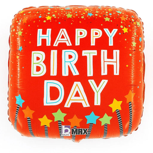 Red square mylar balloon with colorful outlined "Happy Birthday" text, surrounded by multicolored stars and confetti dots, with striped candles at the bottom.