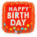 Red square mylar balloon with colorful outlined "Happy Birthday" text, surrounded by multicolored stars and confetti dots, with striped candles at the bottom.