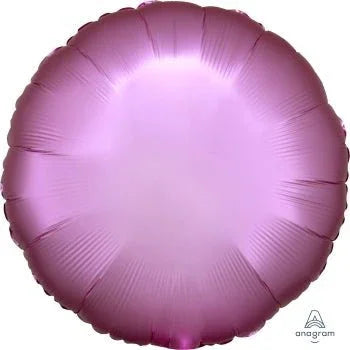 Round satin foil balloon in flamingo pink with a radiant gradient effect and ribbed texture detail.