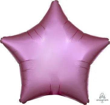 Flamingo pink satin star-shaped foil balloon with five points and a glossy finish.