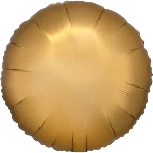 Round gold satin foil balloon with radiating ridged texture and matte finish, approximately 18 inches in diameter.