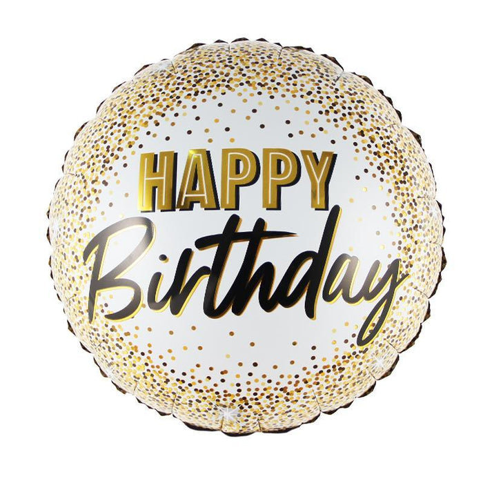Round mylar balloon with white background, gold and black confetti dots, gold text reading "HAPPY" and script text reading "Birthday" in black and gold.