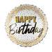 Round mylar balloon with white background, gold and black confetti dots, gold text reading "HAPPY" and script text reading "Birthday" in black and gold.