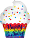 White cupcake-shaped mylar balloon with colorful sprinkles on top and rainbow-striped wrapper with "Happy Birthday" text in blue lettering.