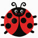 Bright red and black mylar balloon shaped like a smiling ladybug with two antennae, six black spots on the wings, and a cheerful face.