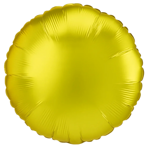 Bright yellow satin finish round mylar balloon with a scalloped edge and radial ribbed texture throughout.