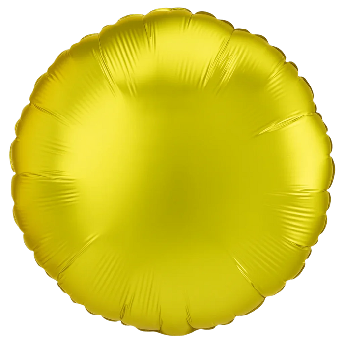 Bright yellow satin finish round mylar balloon with a scalloped edge and radial ribbed texture throughout.