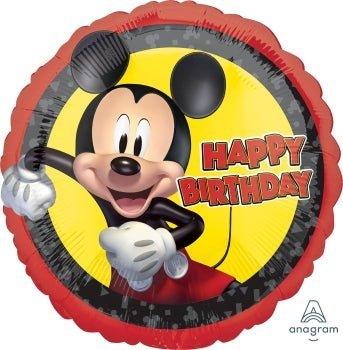 Red and yellow round foil balloon featuring Mickey Mouse with a smiling face, black ears, and white gloves, with "Happy Birthday" text in red letters.