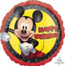 Red and yellow round foil balloon featuring Mickey Mouse with a smiling face, black ears, and white gloves, with "Happy Birthday" text in red letters.